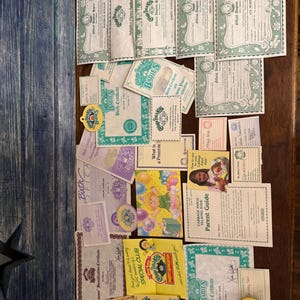 May include: A collection of vintage Cabbage Patch Kids ephemera, including birth certificates, adoption papers, and parent guides. The items are in various colors, with green, yellow, and purple being prominent. The items are arranged on a wooden surface.