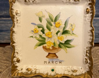 Vtg McClure Plaque florale suspendue au mur ou sur pied en porcelaine du Japon, fleurs de mars