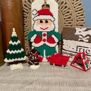 Vintage Needlepoint Christmas Decorations, Santa, Gingerbread Man, Sleigh, Tree, Door Hanger, Ornament