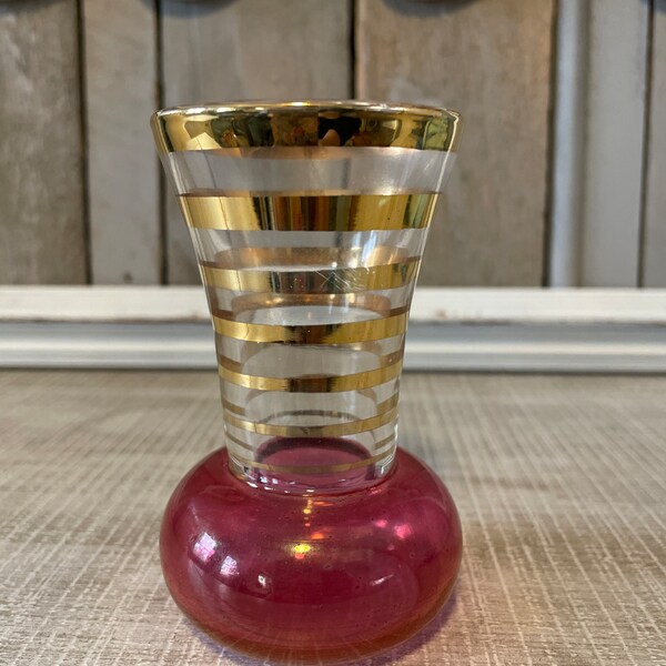 Vintage Mid Century 4” Cranberry and Gold Glass Vase