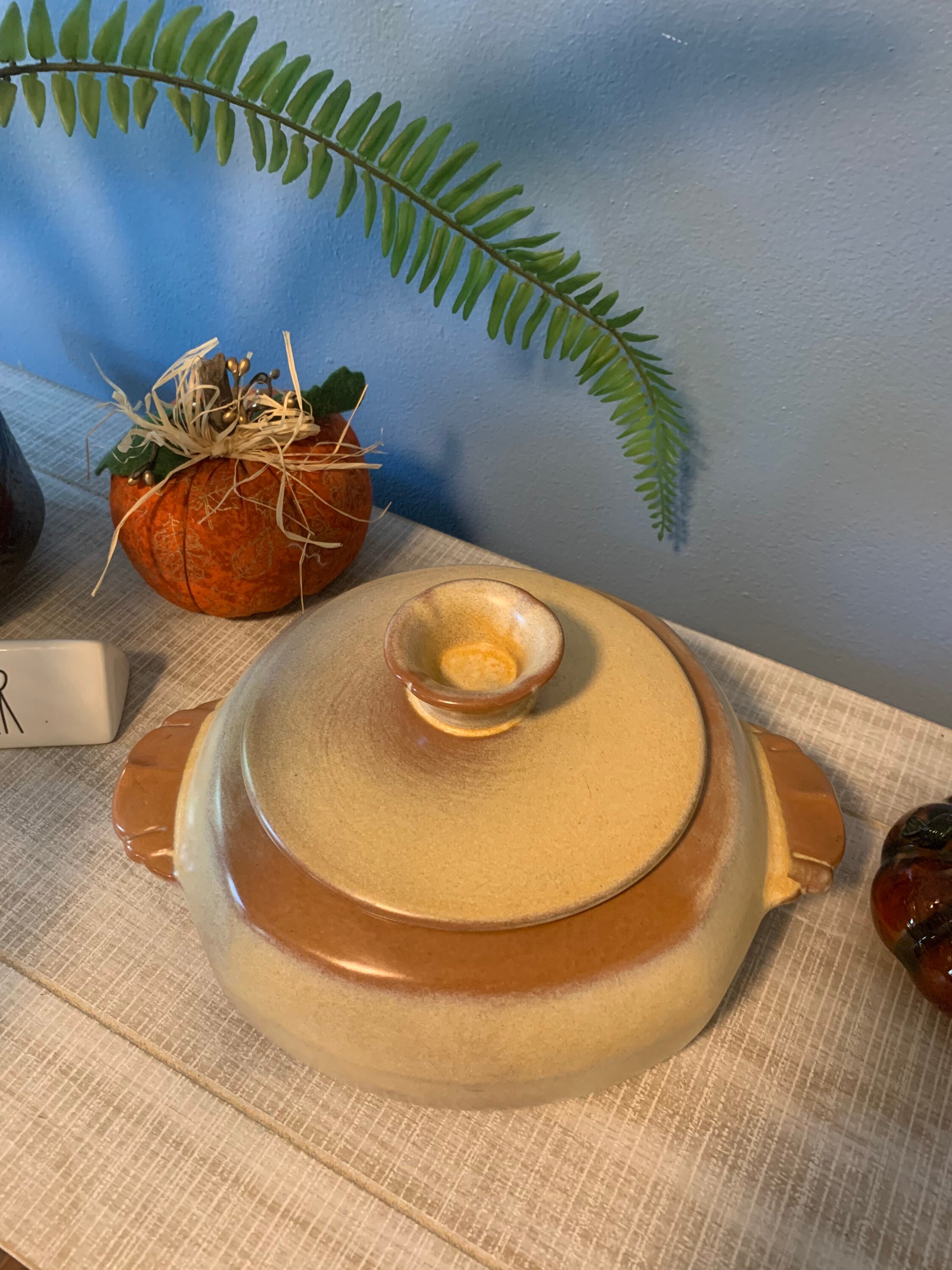 Lidded Pottery Casserole Dish With Twisted Strap Handle 