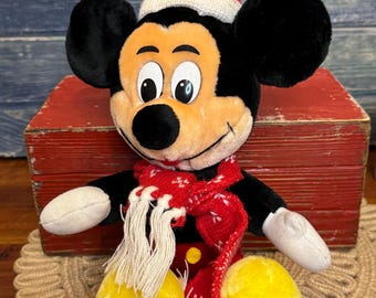 Vintage Plush Christmas Winter Mickey Mouse Stuffed Disney Toy, Disney Park Souvenir
