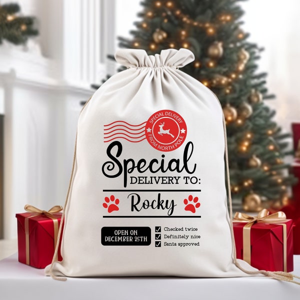 Personalized Pet Santa Sack, Dog or Cat Christmas Stocking, Xmas Treat Bag, Pet Gift, Santa Paws, Christmas Eve Box Gift Sack, Holiday Gift