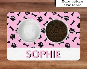 Alfombra para mascotas de colores personalizados para comida y agua con nombre, tapete de tazón de alimentación absorbente, elegir fuente, cachorro perro gatito gato, derrames de mesa para niños