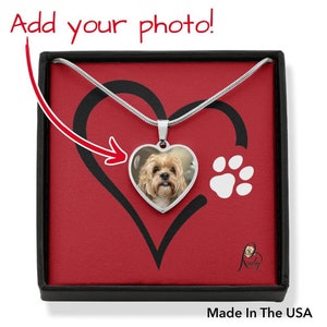 Heart & Paw, Customized Pet or Dog Photo Heart Necklace with Message on the back, engraved