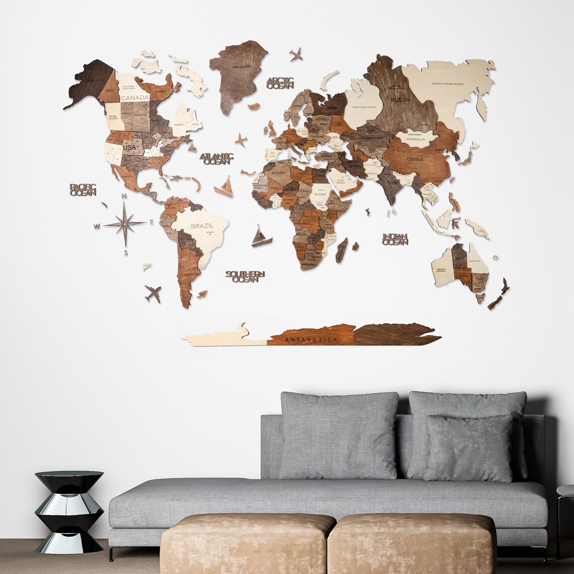 3D Multicolor World Wood Map Wall Art Large Wall Decor Travel Etsy