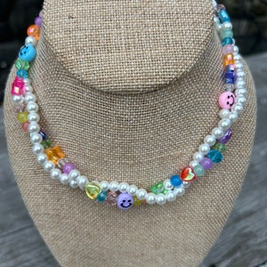 Layered Pearl Necklace, Colorful Y2K Beaded Necklace, Twisted Pearl Beaded Necklace