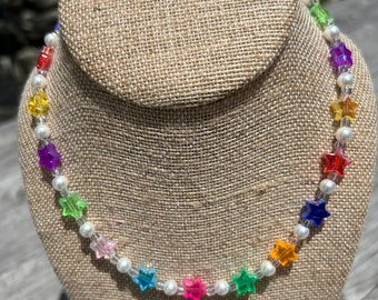 Handmade Star Beaded Necklace: Acrylic Stars, Glass Pearls