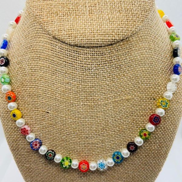 Adjustable Multicolor Millefiori Glass Bead Necklace, Colorful and Unique, Boho Chic