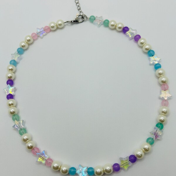 Multicolor Pearl and Star Necklace, Adjustable Beaded Pearl Necklace