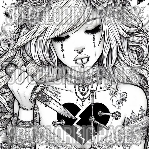 30 Emo Goth Anti Valentine Broken Heart Coloring Page Bundle Adult Coloring Sheets Printable Digital Download