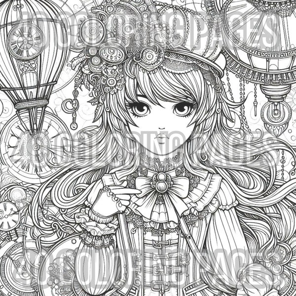 40 Page Steampunk Girl Coloring Page Bundle Digital Download Printable Greyscale