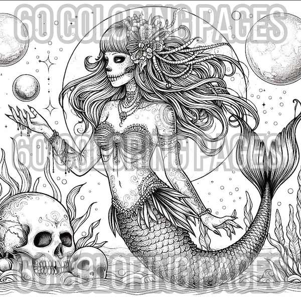 60 Goth Mermaid Colorin Pages Greyscale Adult Coloring Book Printable Digital Download