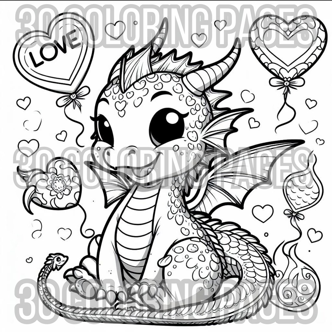 30 Cute Dragon Heart Valentine's Coloring Pages Bundle for Kids Adults ...