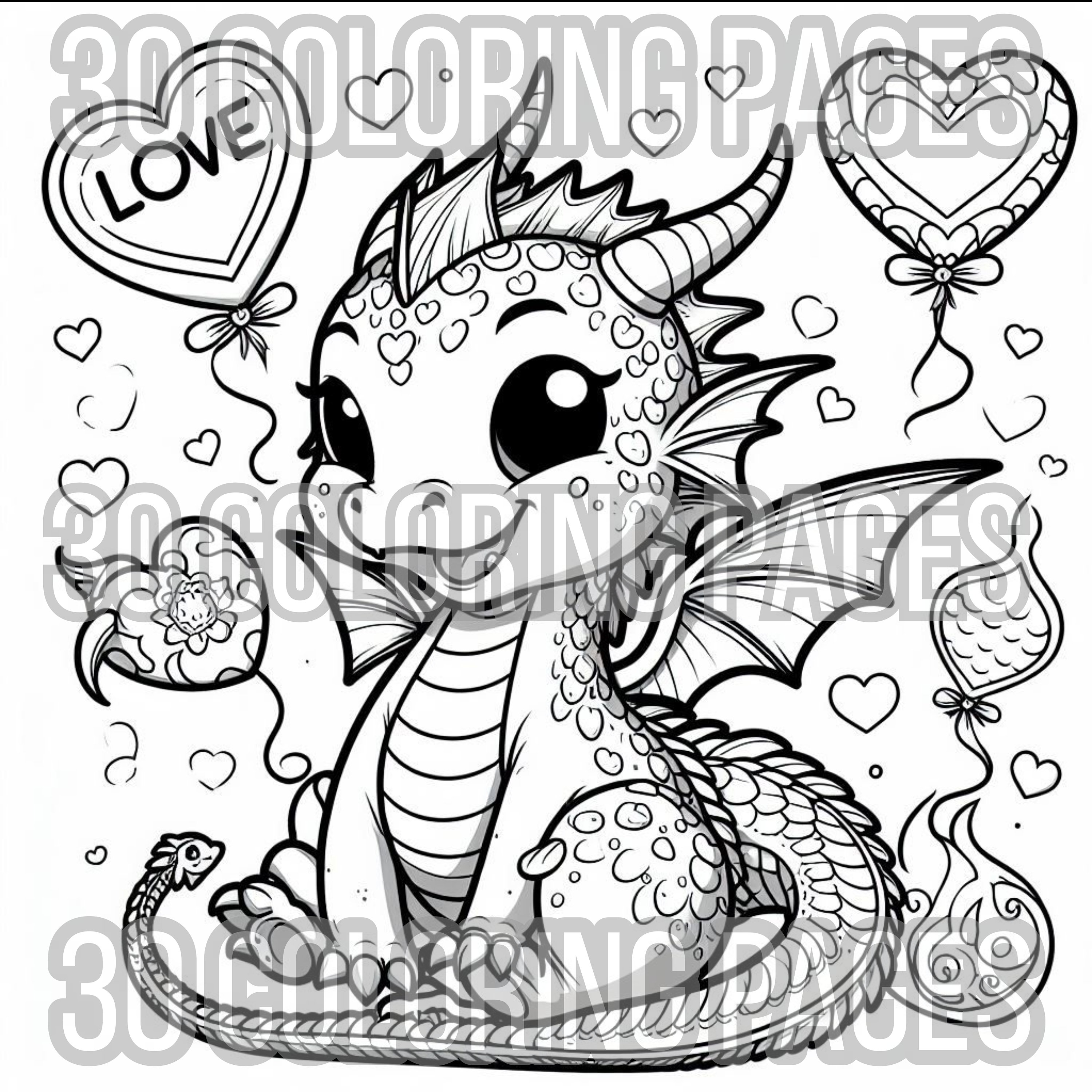 30 Cute Dragon Heart Valentine's Coloring Pages Bundle for Kids Adults ...