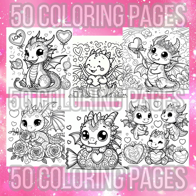 30 Cute Dragon Heart Valentine's Coloring Pages Bundle for Kids Adults ...