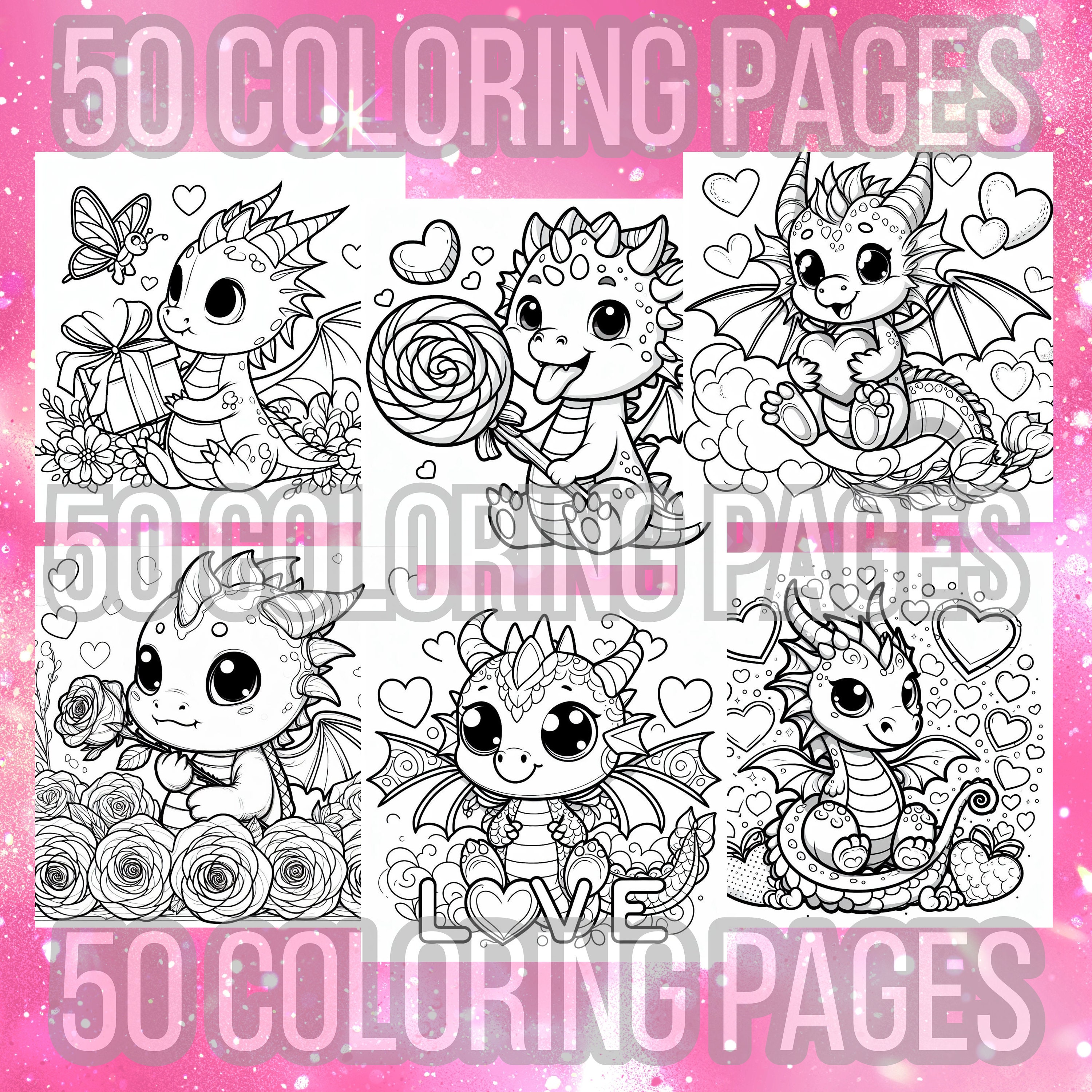 30 Cute Dragon Heart Valentine's Coloring Pages Bundle for Kids Adults