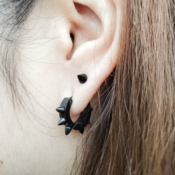 2 Pairs Set Spike Huggie Hoop And Spike Stud Earrings Stainless Steel Cones Punk Black Earring