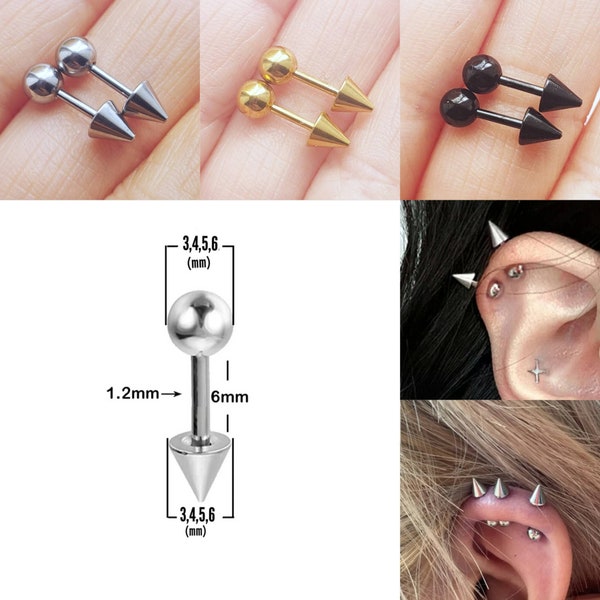 Stainless steel ball cone barbell stud helix lobe spike earrings size 3mm-6mm