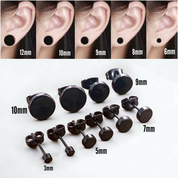 Paire de clous d'oreilles noirs en acier inoxydable chirurgical pour hommes et femmes, taille 3 mm-12 mm