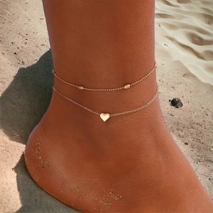 Pulsera tobillera de cadena de pie chapada en plata 925 con corazón pequeño de Boho Beach imagen 1