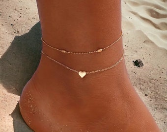 Bracciale alla caviglia con catena a forma di piede placcato in argento 925 Boho Beach con cuore piccolo