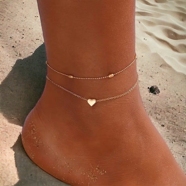 Bracelet de cheville chaîne Boho Beach petit coeur en plaqué argent 925