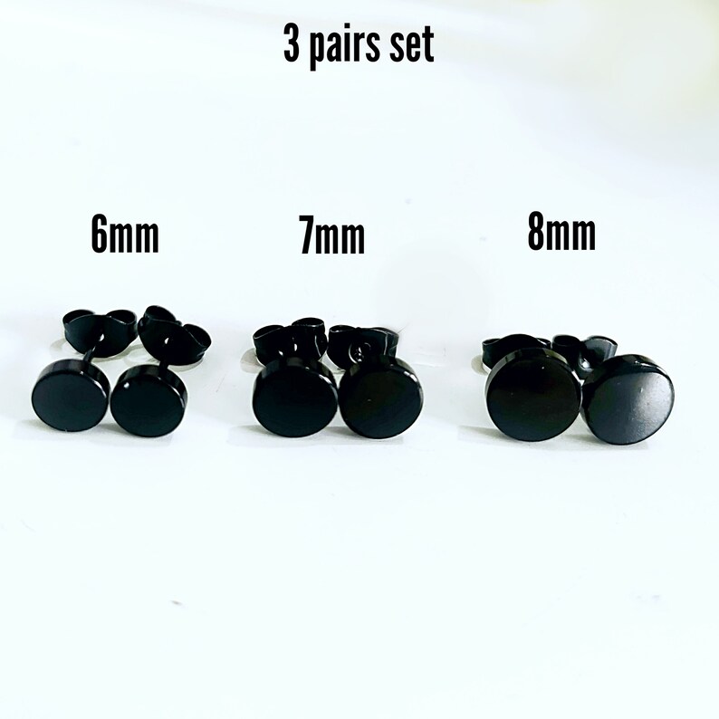 Par de aretes negros hechos de acero inoxidable quirúrgico, aretes para hombres y mujeres, tamaño 3 mm-12 mm imagen 8