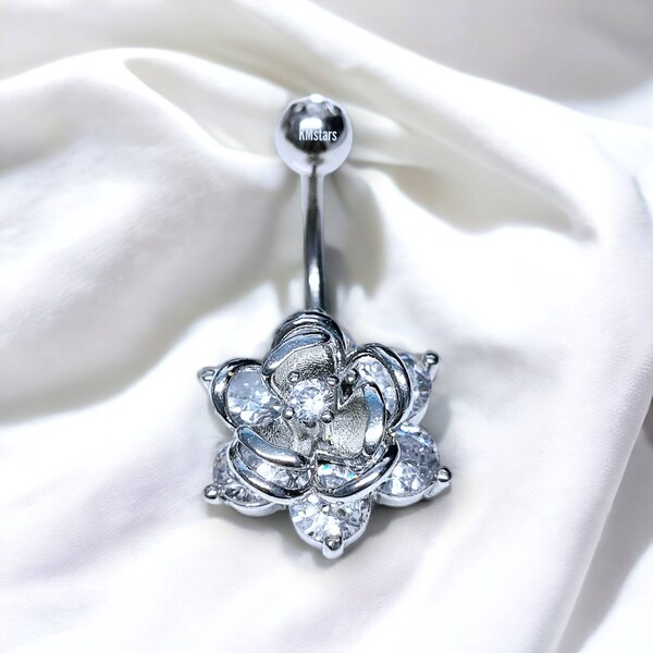 Anello Ombelico In Acciaio Chirurgico Con Rosa E Fiore In Acrilico E Zirconi - GBJUK 14g - Foto 4