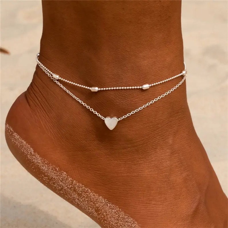 Pulsera tobillera de cadena de pie chapada en plata 925 con corazón pequeño de Boho Beach imagen 2