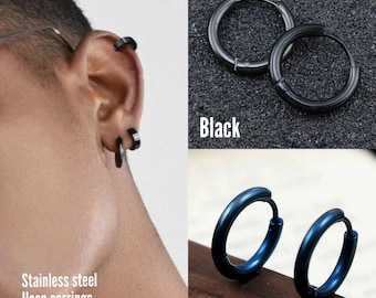 Pair of Stainless Steel Hoop Men's Earrings Black Hoops Blue Silver Earrings