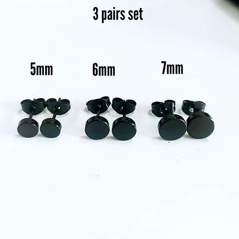 Par de aretes negros hechos de acero inoxidable quirúrgico, aretes para hombres y mujeres, tamaño 3 mm-12 mm imagen 7