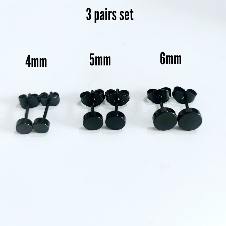 Par de aretes negros hechos de acero inoxidable quirúrgico, aretes para hombres y mujeres, tamaño 3 mm-12 mm imagen 6