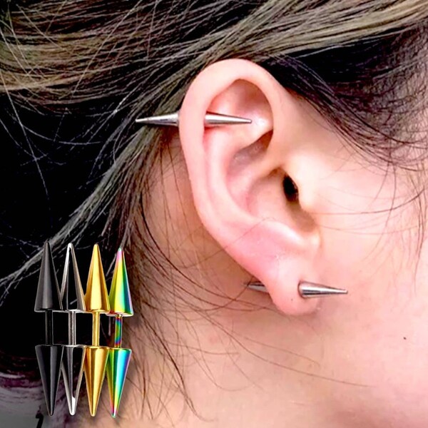 Double Cones Spike Helix Barbell Earrings Stainless Steel 16g Stud Screw Back