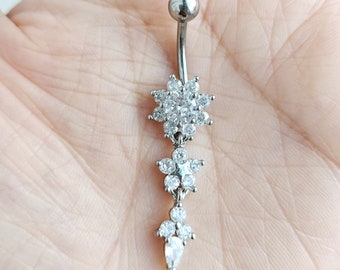 316L Surgical Steel Crystal Flowers Dangle Leafs Charm Belly Ring Body Piercing Belly Bars