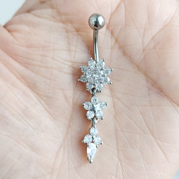 316L Surgical Steel Crystal Flowers Dangle Leafs Charm Belly Ring Body Piercing Belly Bars