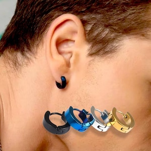 Pair Of Surgical Stainless Steel Huggie Silver Black Blue Cartilage Hoop Earrings 4mm Thickness