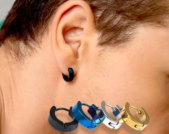 Pair Of Surgical Stainless Steel Huggie Silver Black Blue Cartilage Hoop Earrings 4mm Thickness