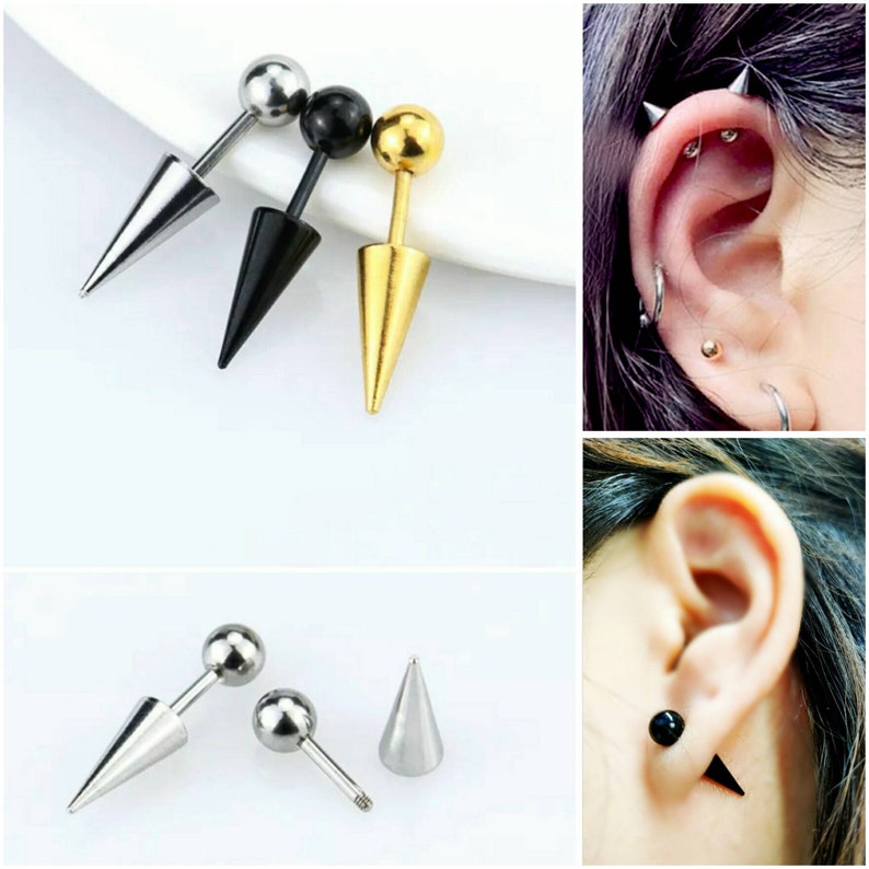 16G Spike Stud Earrings Stainless Steel Cone Barbells Helix Pierce Earrings image 1