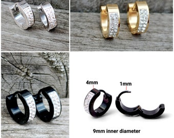 Boucles d'oreilles à charnière avec cristal Huggie, boucles d'oreilles épaisses en acier inoxydable pour hommes