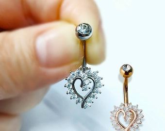 14G Stainless Steel Crystal Love Heart Belly Button Ring silver and rose gold