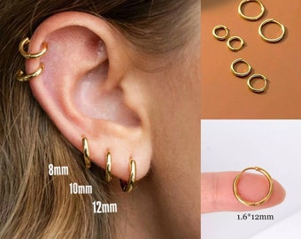 Small Tiny Hoop Hinged Earrings 316L Stainless Steel 1.6mm Thickness Silver Gold Earrings
