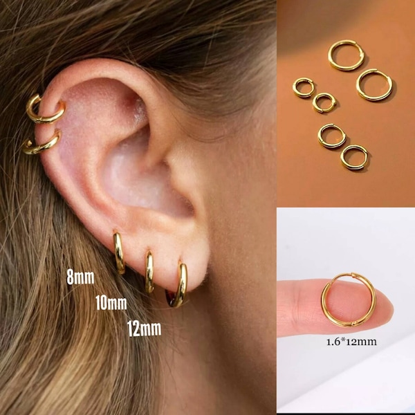 Small Tiny Hoop Hinged Earrings 316L Stainless Steel 1.6mm Thickness Silver Gold Earrings