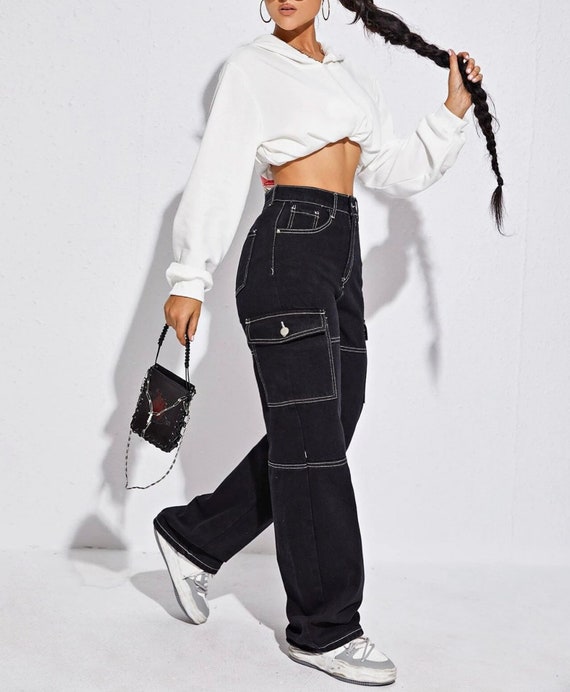 High Waist Flap Pocket Whip Stitch 