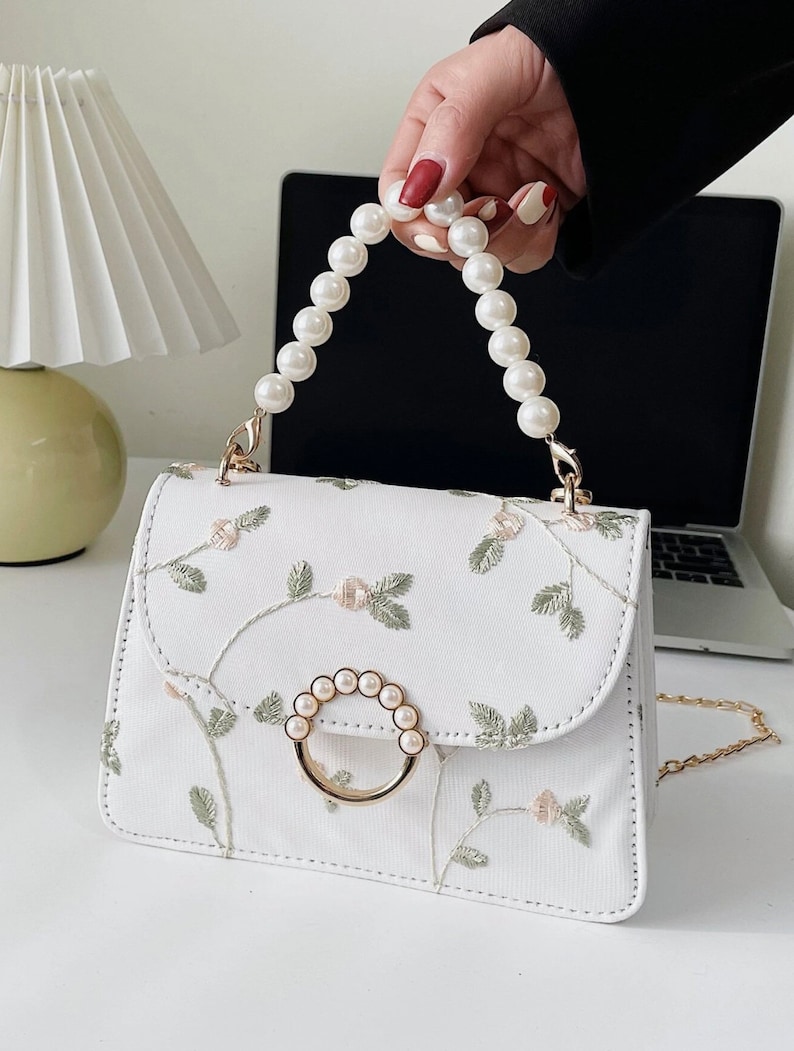 Faux Pearl Decor Floral Embroidery Satchel Bag Fashion Exquisite Shopping Bag Retro Casual Women Shoulder Bags