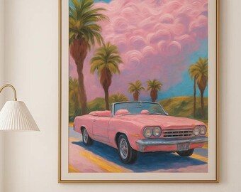Pink Convertible Palm Springs Print: Retro Desert Wall Art (Digital Download)