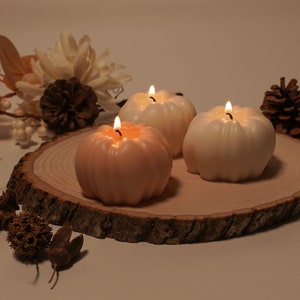May include: Three pumpkin-shaped candles on a wooden slice. The candles are lit and are in shades of white and peach.