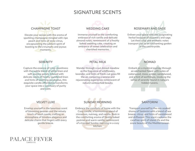 May include: A graphic with a white background and a light green border. The graphic features ten different candle scents with a description of each scent. The scents are: Champagne Toast, Wedding Cake, Rosemary and Sage, Serenity, Petal Milk, Nomad, Velvet Luxe, Sunday Morning, Santorini.