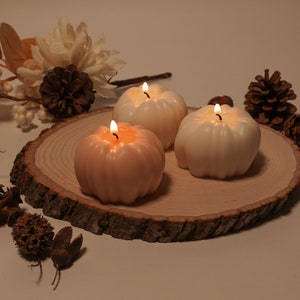 May include: Three pumpkin-shaped candles on a wooden slice. Two candles are white and one is peach. All candles are lit.