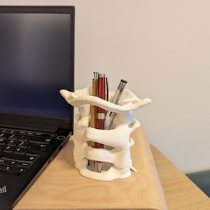 May include: White ceramic desk organizer shaped like a human spine, holding pens and pencils.